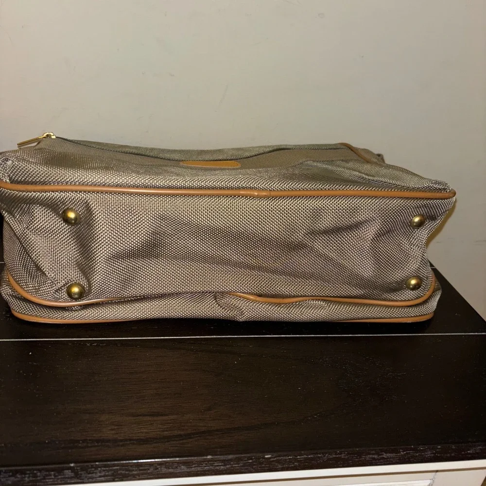 London Fog | Travel Bag Carry On Messenger Bag Khaki Tan Canvas Leather‎ Trim